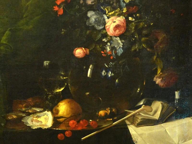 1650-Jan Janszoon de Heem - Vanitas con mazzo di fiori e pipa